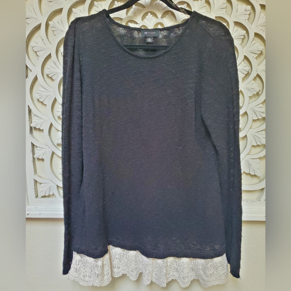 AB Studio Black Knit Sweater With Lace Hem Size XL